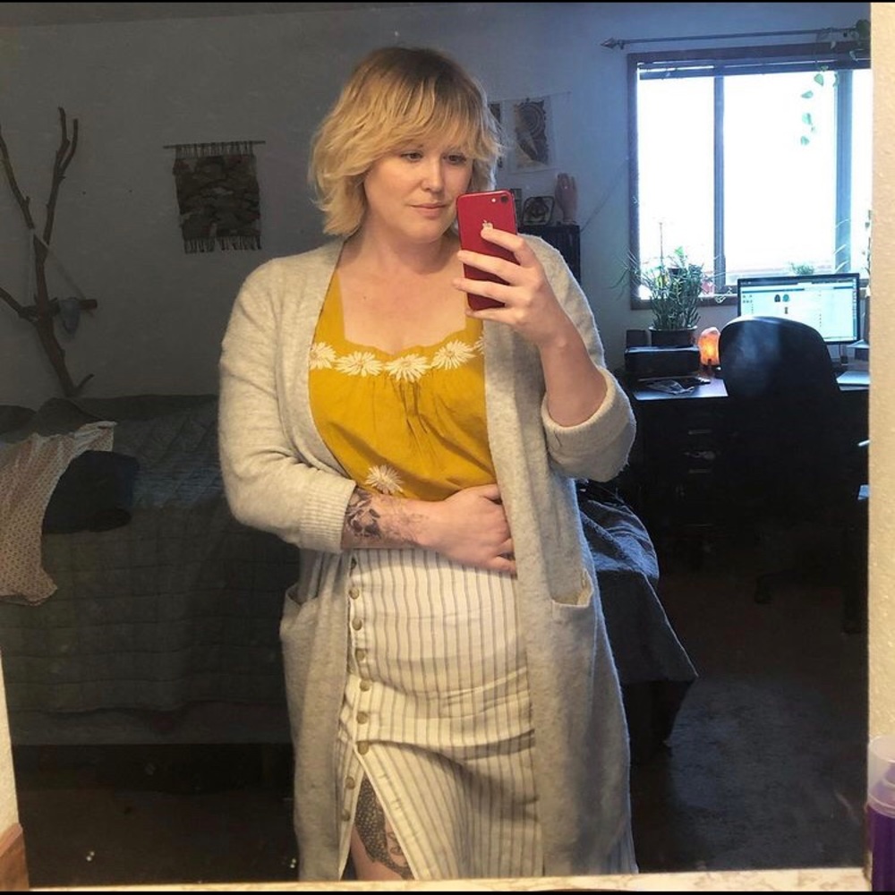 Madewell white pinstripe midi skirt